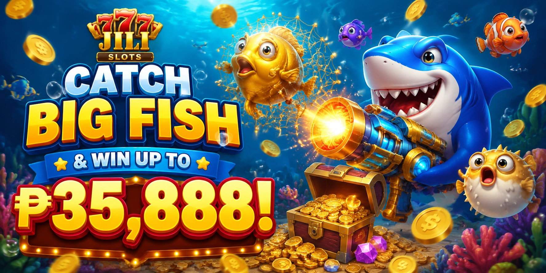 Arcade fishing gameplay scene with colorful fish and cannon action