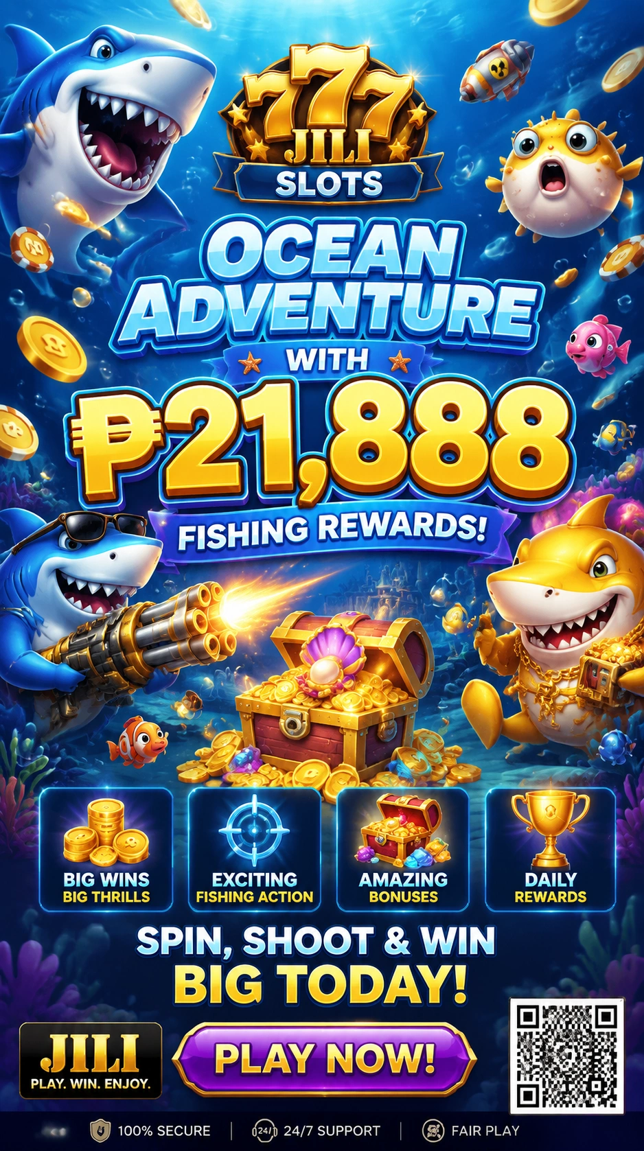 Ocean-themed fishing game screen with boss fish and treasure visuals